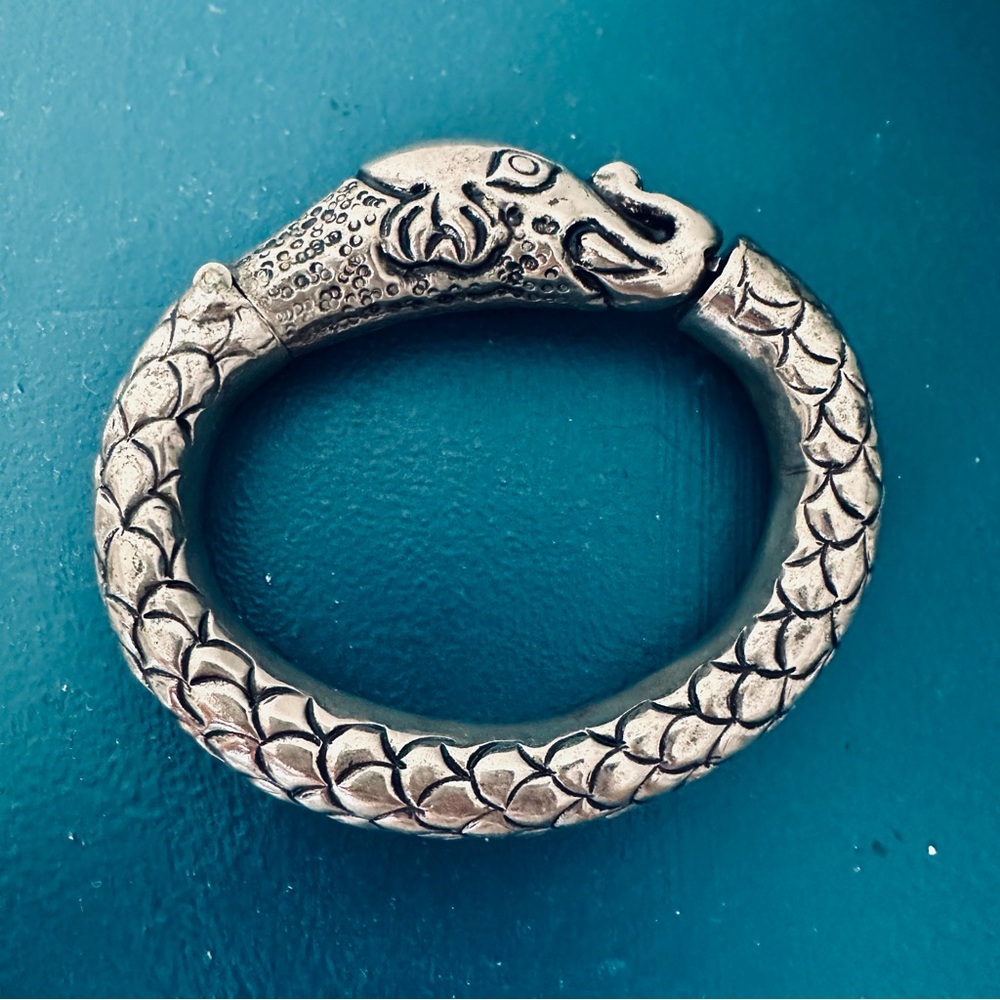 Vintage Artisan Elephant Snake Oxidized Sterling Silver Bangle Bracelet, Rare - Picture 2 of 9